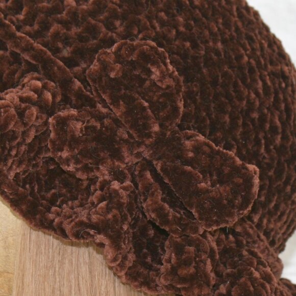 HAND CRAFTED Hat Crochet Bucket Chenille Winter Full Ruffle Brown Wide Brim - Picture 6 of 12